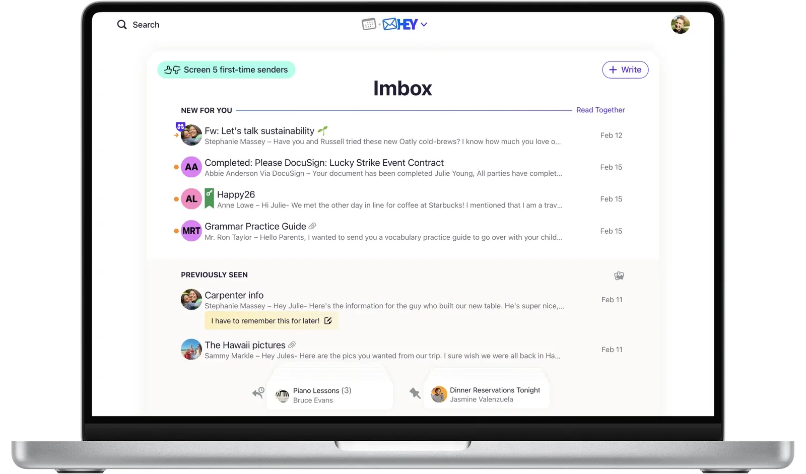 An official product image showing HEY's email inbox on a laptop