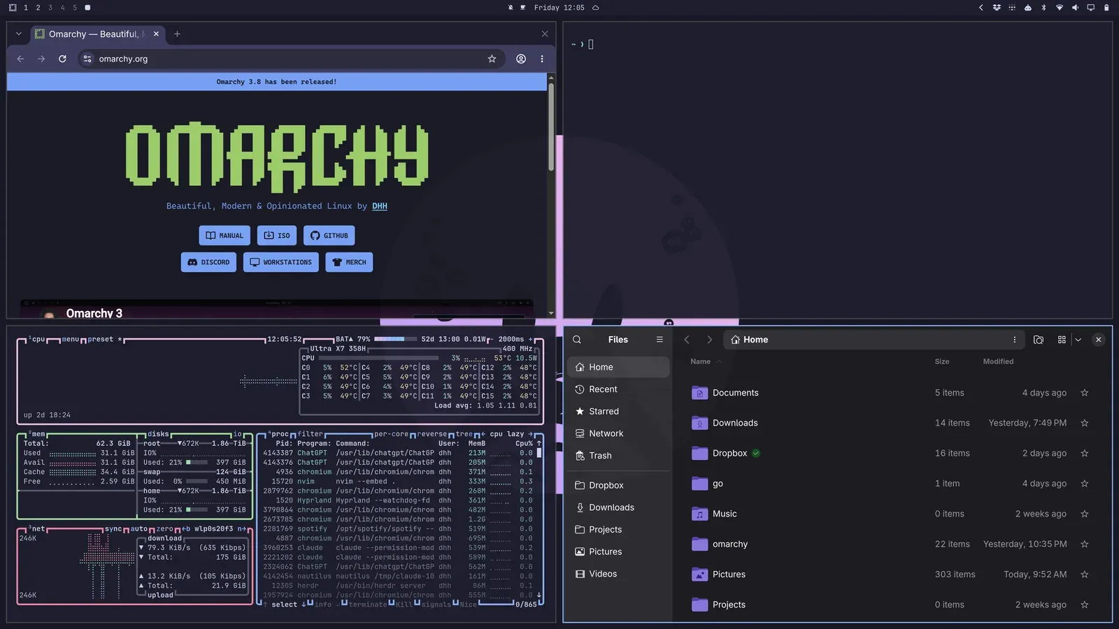 A browser, terminal, system monitor, and file manager arranged in four tiled windows on Omarchy Quattro